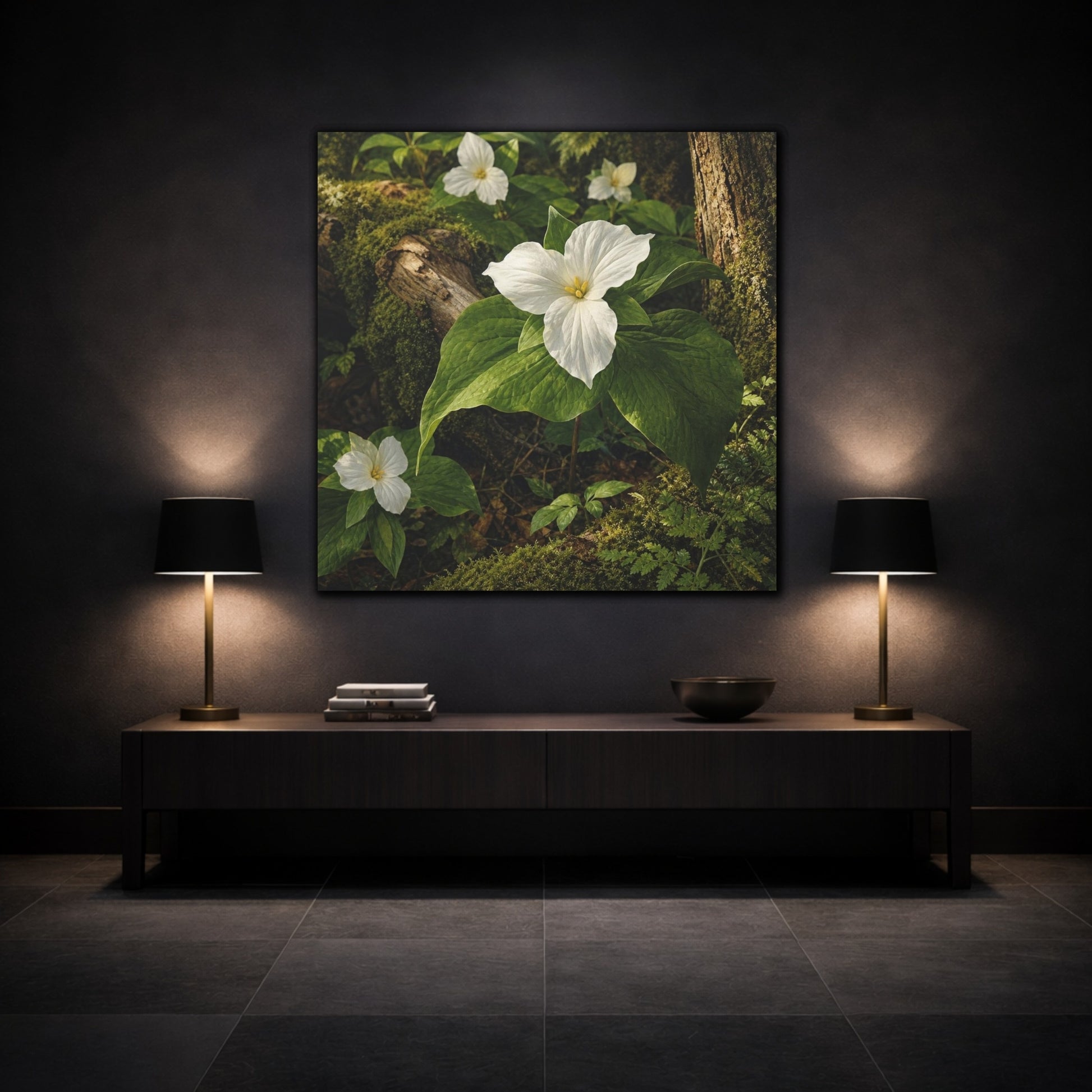 Mockup 3. Woodland Trillium Bloom shown as canvas print