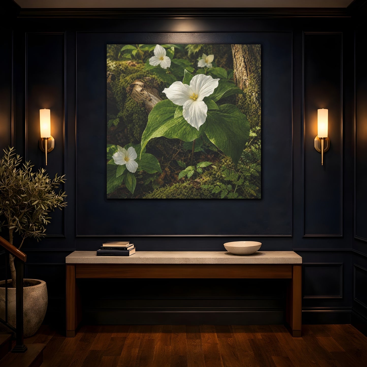 Mockup 4. Woodland Trillium Bloom shown as canvas print