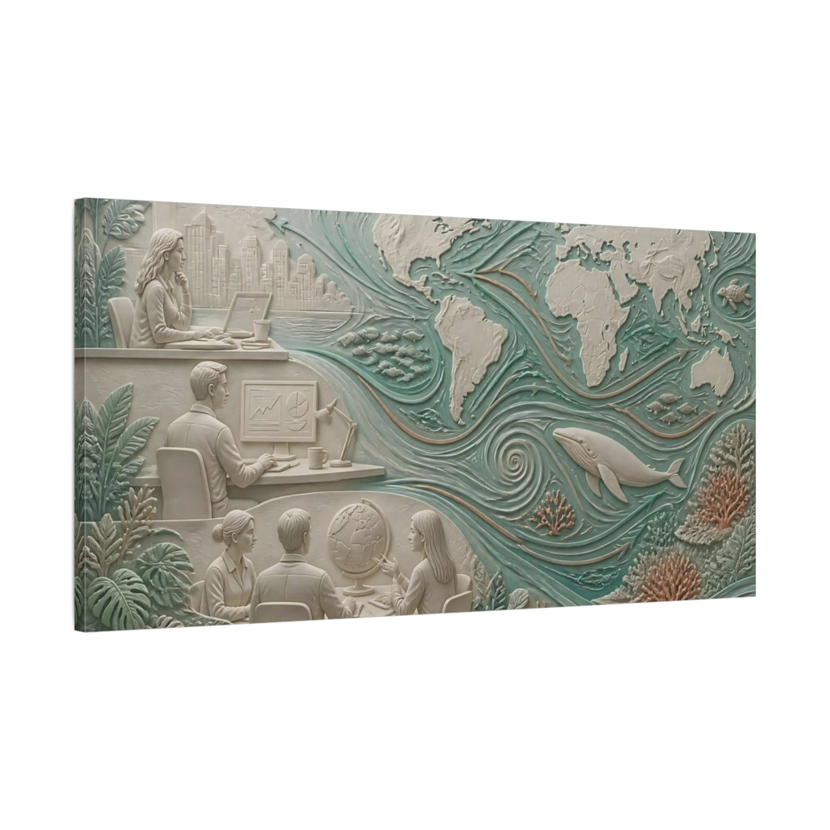 Main Mockup. World Map Ocean Relief shown as canvas print