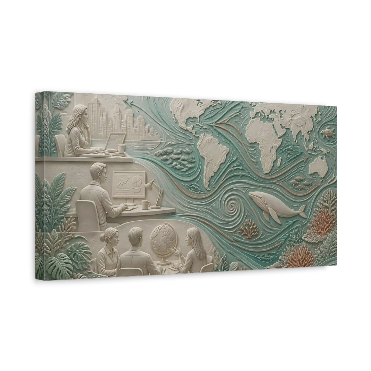 Side Mockup 3. World Map Ocean Relief shown as canvas print