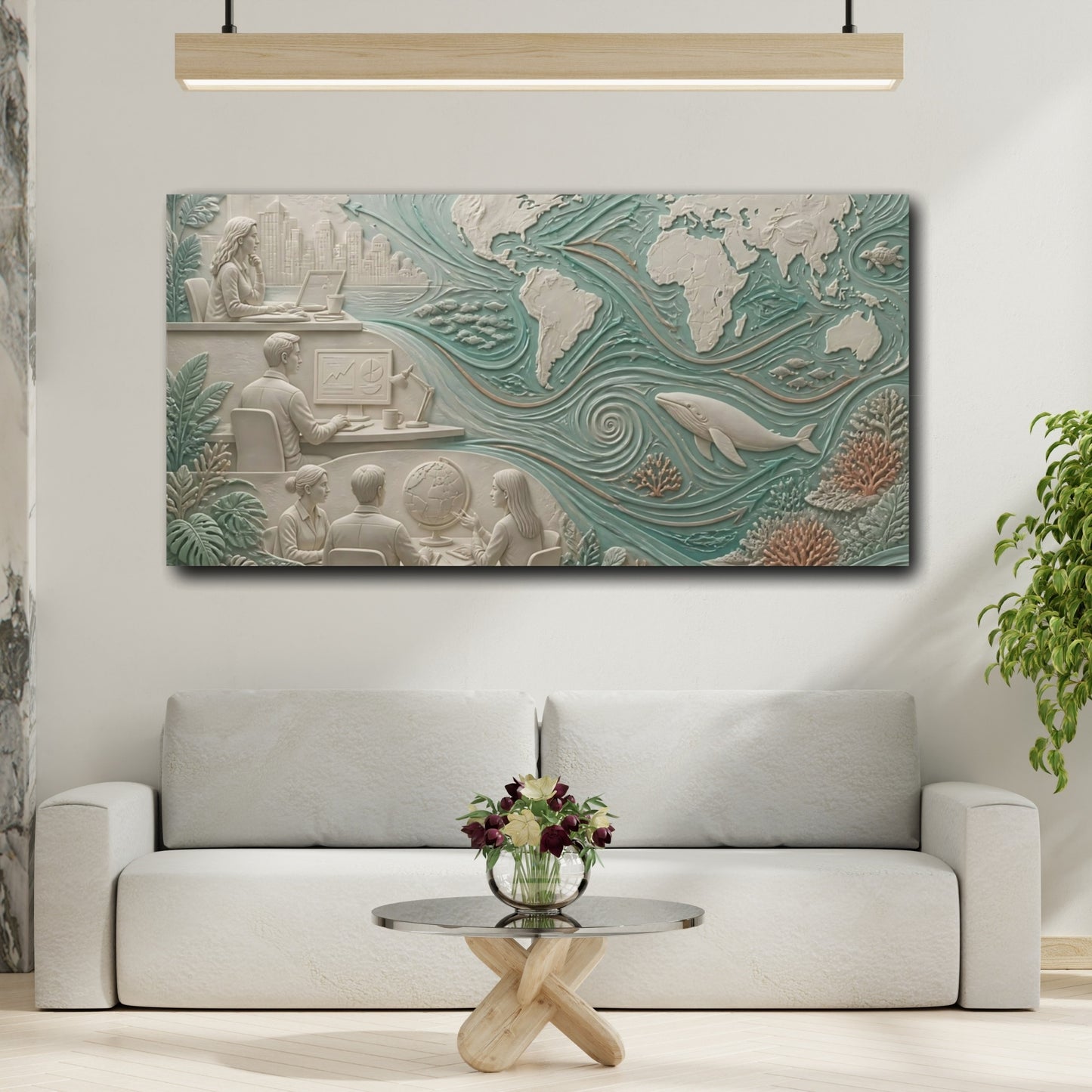 Mockup 2. World Map Ocean Relief shown as canvas print