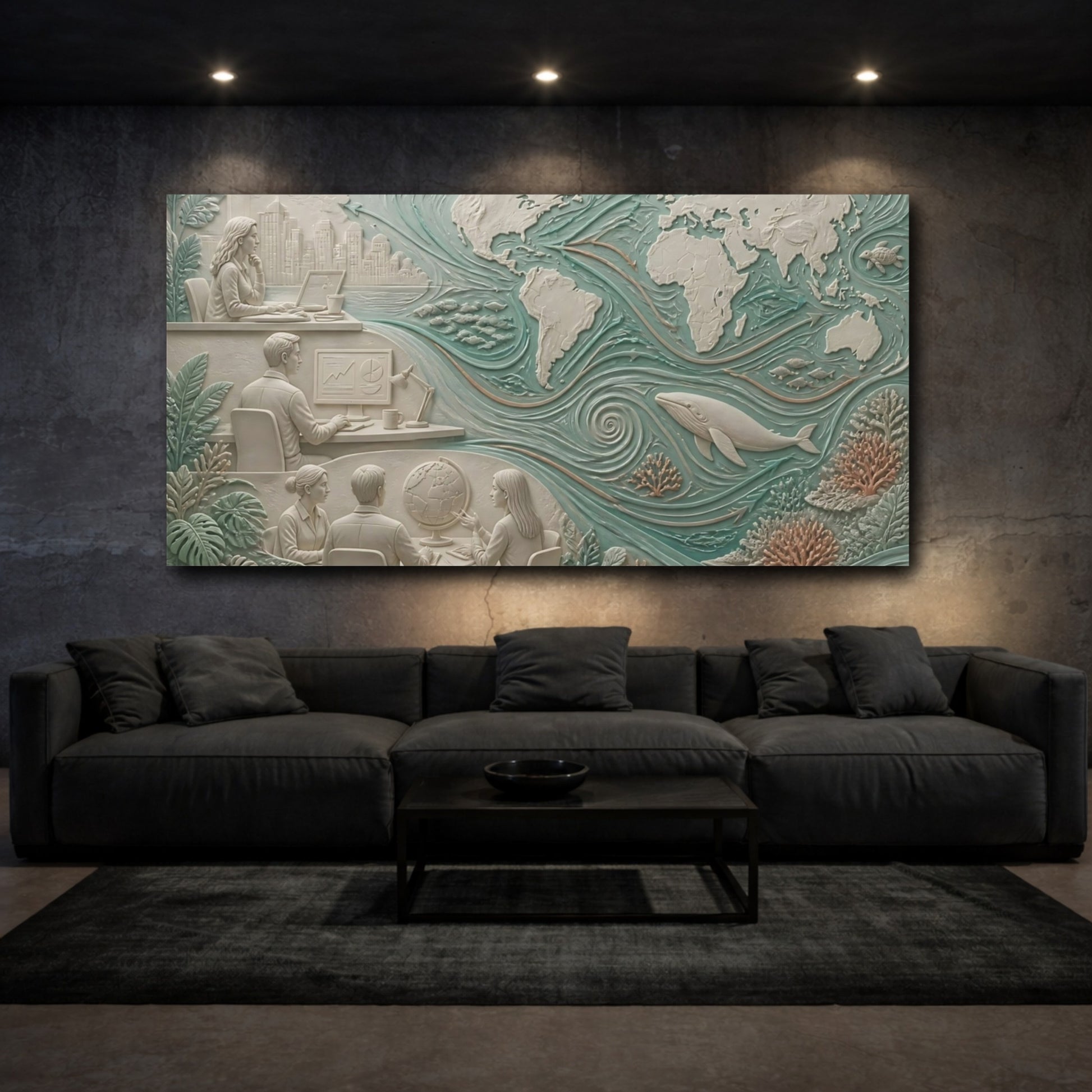 Mockup 3. World Map Ocean Relief shown as canvas print