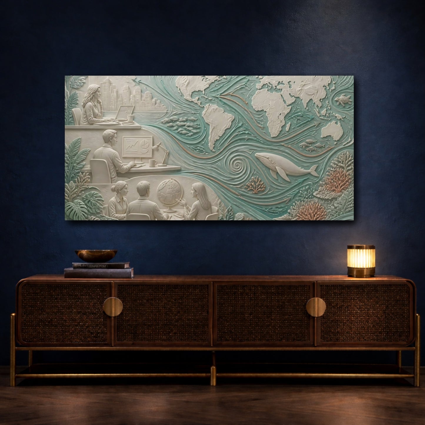 Mockup 4. World Map Ocean Relief shown as canvas print