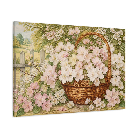 Main Mockup. Woven Basket Of Blossoms shown as canvas print