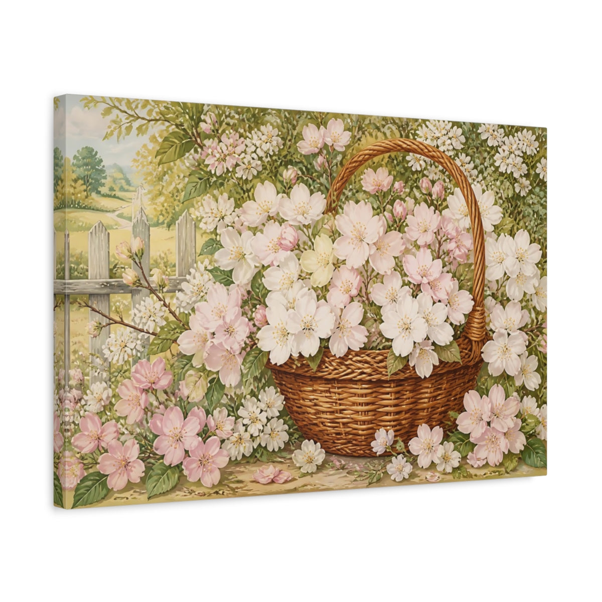Side Mockup 3. Woven Basket Of Blossoms shown as canvas print