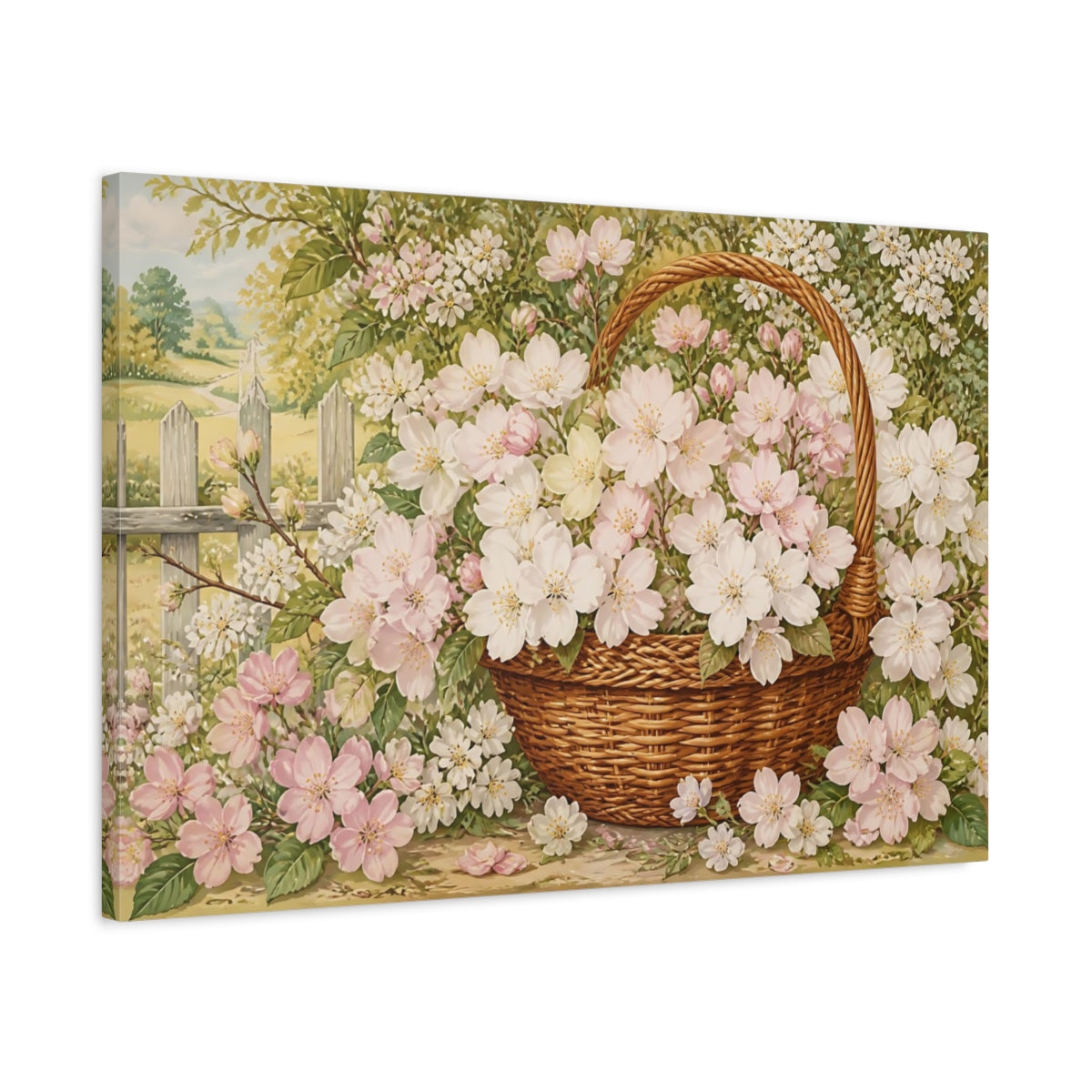 Side Mockup 2. Woven Basket Of Blossoms shown as canvas print