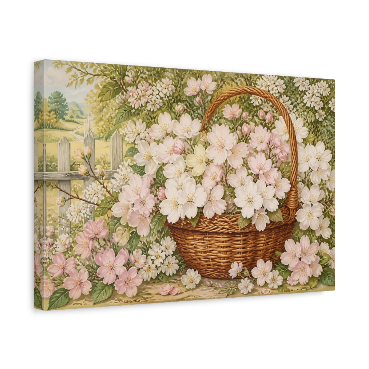 Side Mockup 4. Woven Basket Of Blossoms shown as canvas print