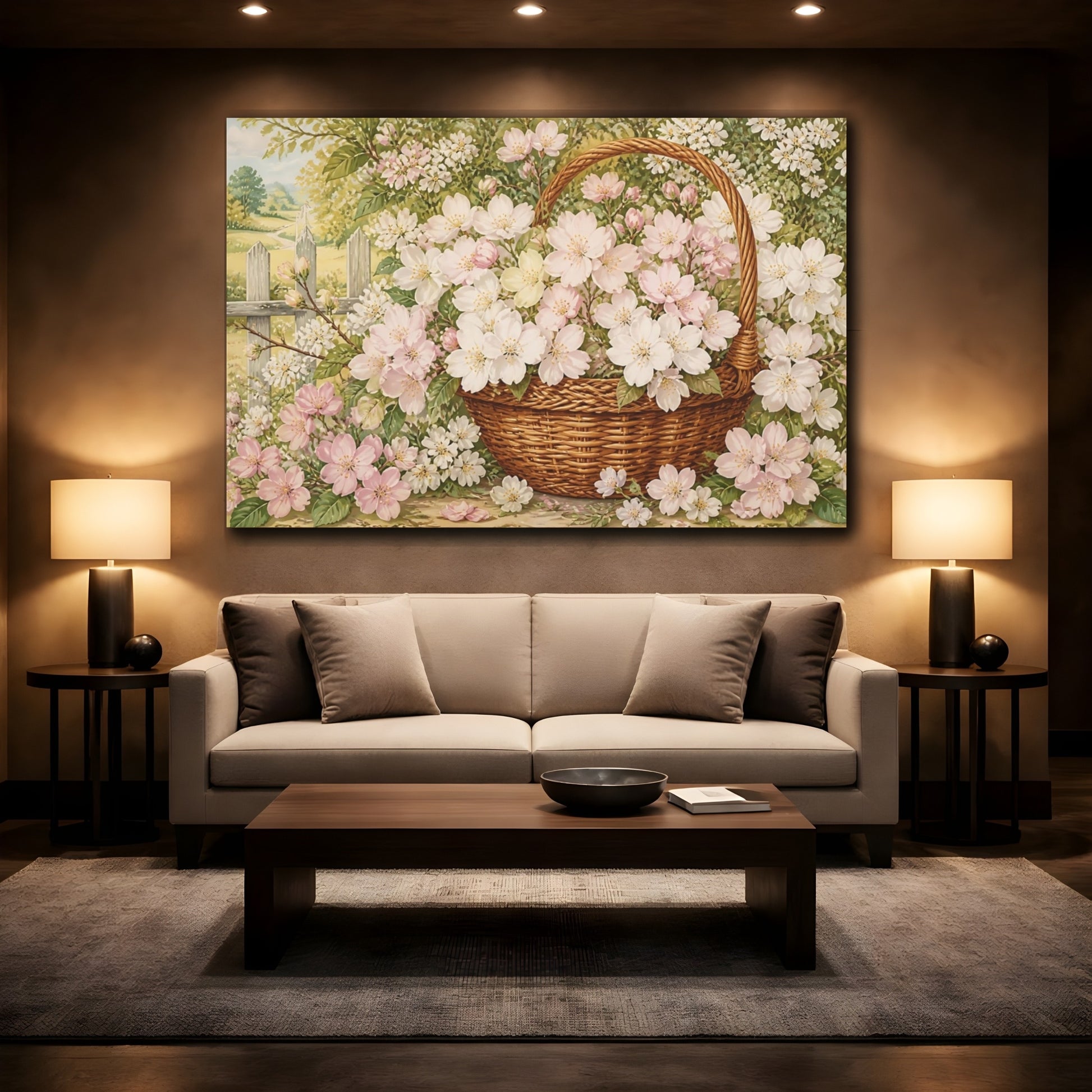 Mockup 2. Woven Basket Of Blossoms shown as canvas print