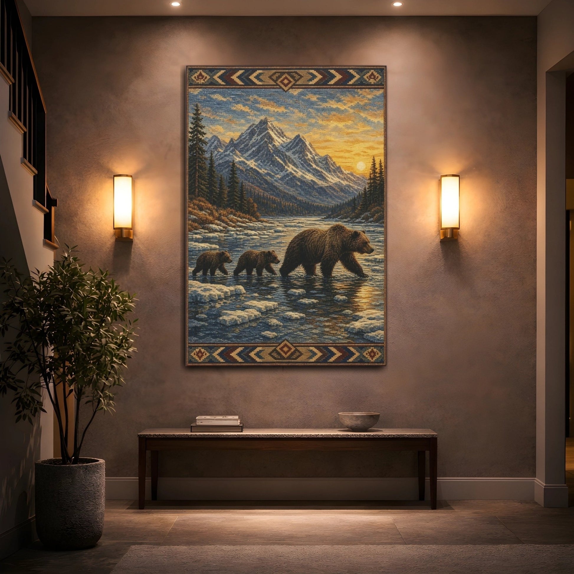 Woven Tapestry Scenic Texture Bear Crossing Canvas Wall Art Print – Living Room, Large - YesArtYes