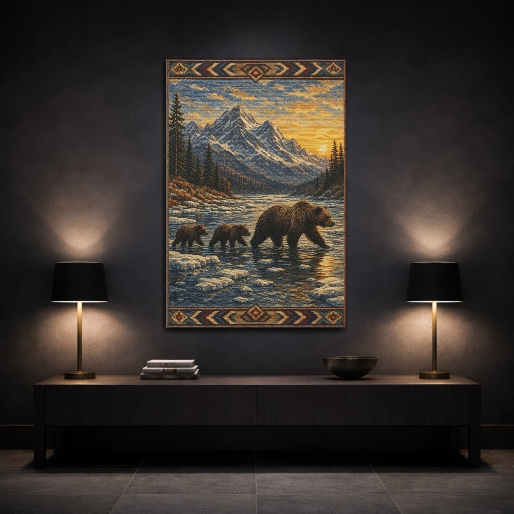 Woven Tapestry Scenic Texture Bear Crossing Canvas Wall Art Print – Living Room, Large - YesArtYes