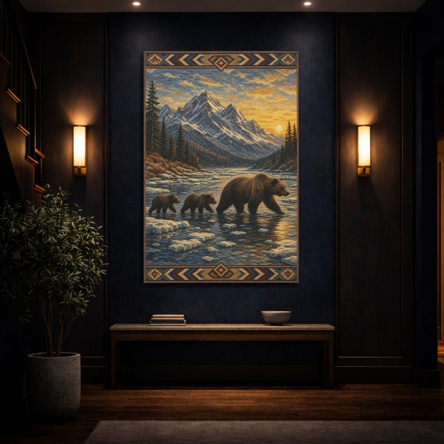 Woven Tapestry Scenic Texture Bear Crossing Canvas Wall Art Print – Living Room, Large - YesArtYes