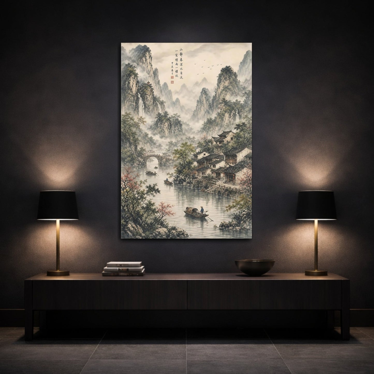 Woven Tapestry Scenic Texture Chinese Mountain Canvas Print – Traditional Decor for Living Room, Above Console Table - YesArtYes
