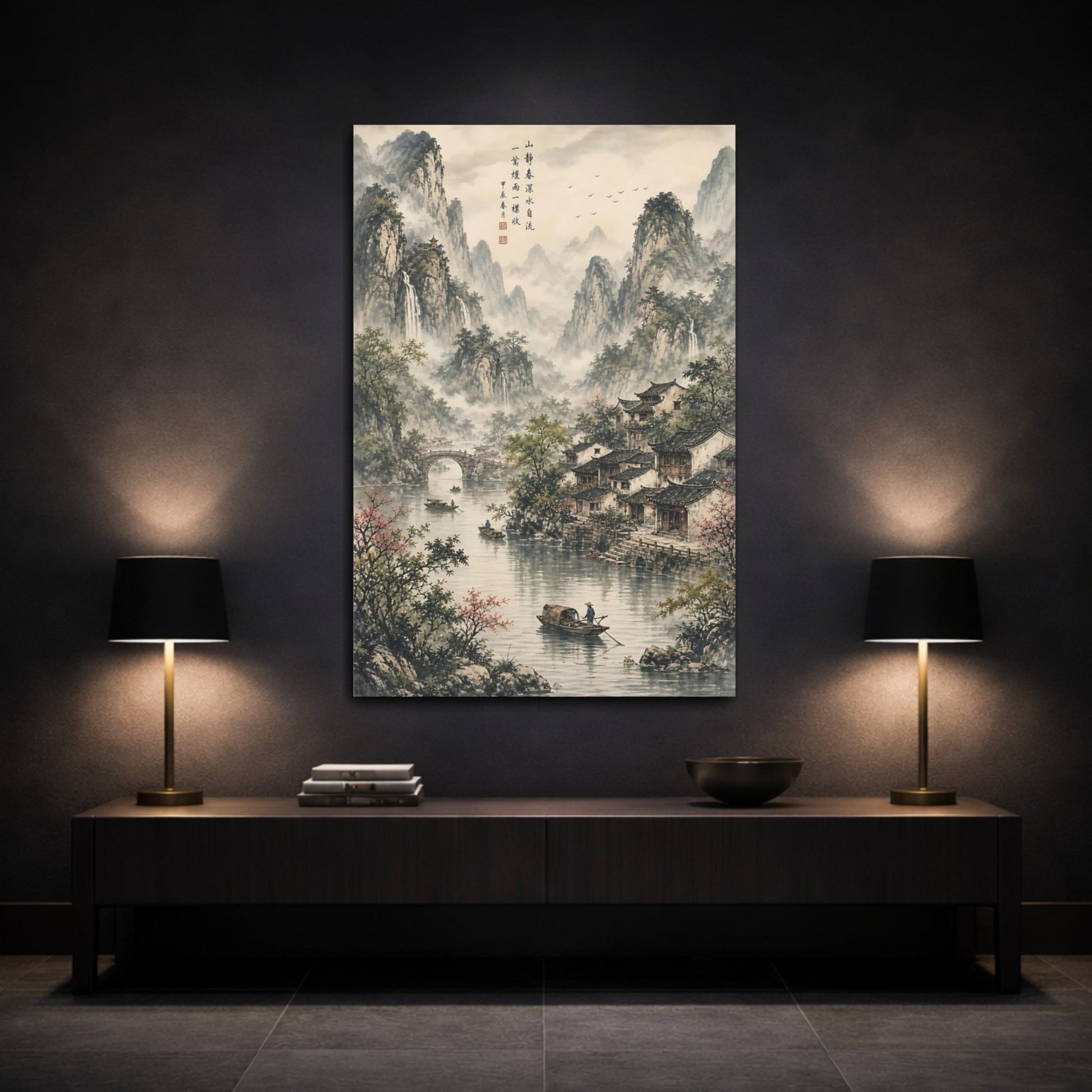 Woven Tapestry Scenic Texture Chinese Mountain Canvas Print – Traditional Decor for Living Room, Above Console Table - YesArtYes