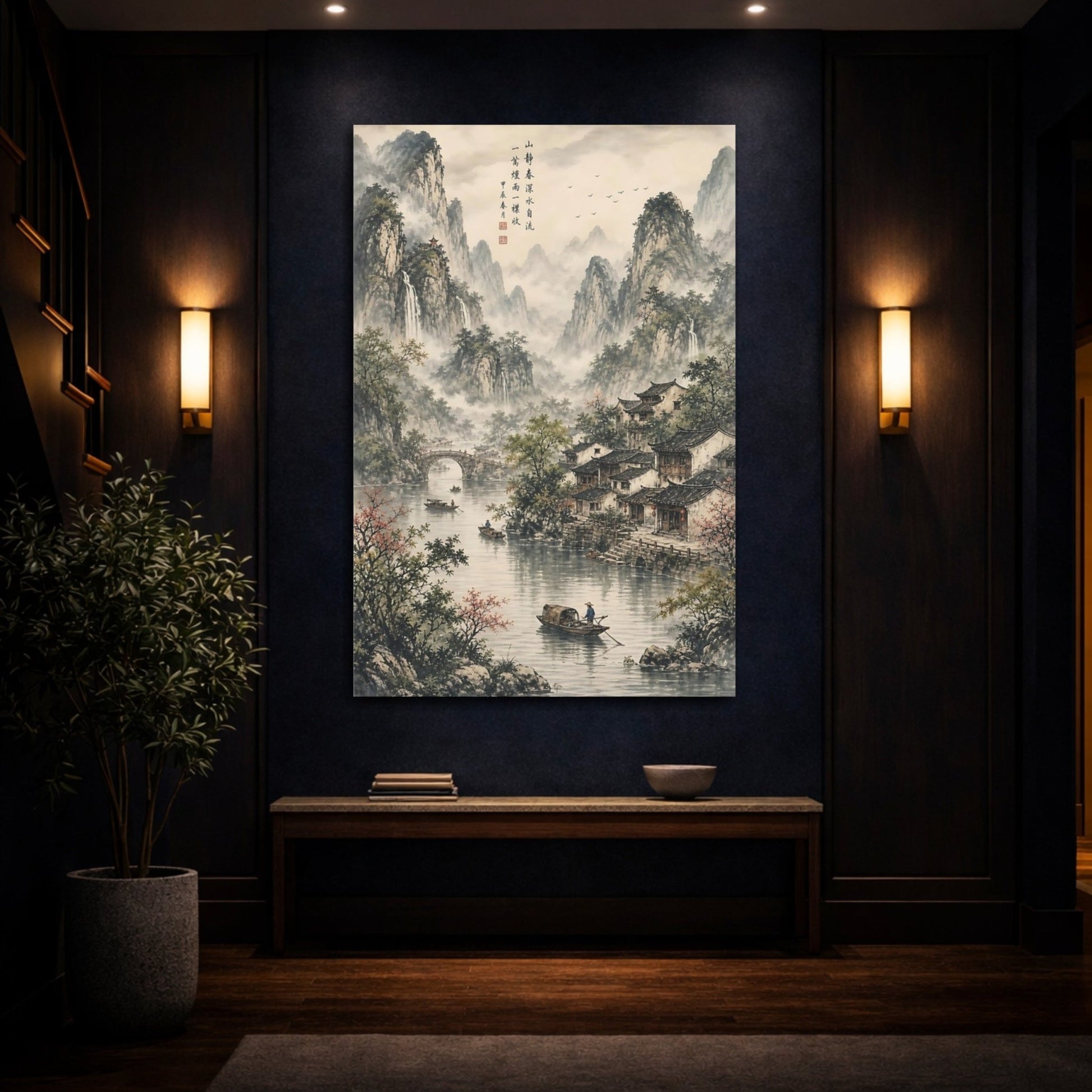 Woven Tapestry Scenic Texture Chinese Mountain Canvas Print – Traditional Decor for Living Room, Above Console Table - YesArtYes