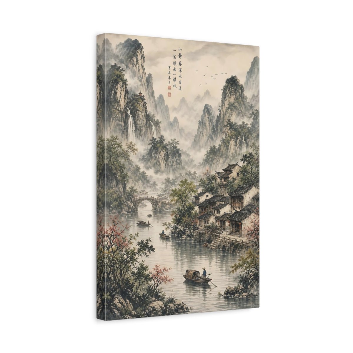 Woven Tapestry Scenic Texture Chinese Mountain Canvas Print – Traditional Decor for Living Room, Above Console Table - YesArtYes