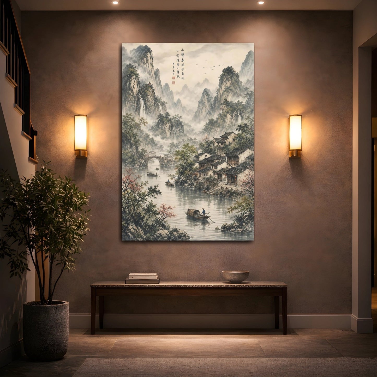 Woven Tapestry Scenic Texture Chinese Mountain Canvas Print – Traditional Decor for Living Room, Above Console Table - YesArtYes