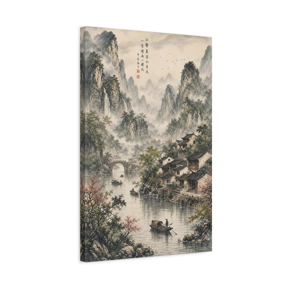 Woven Tapestry Scenic Texture Chinese Mountain Canvas Print – Traditional Decor for Living Room, Above Console Table - YesArtYes