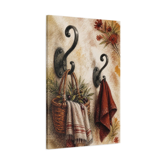 Main Mockup. Wrought Iron Hooks And Basket shown as canvas print