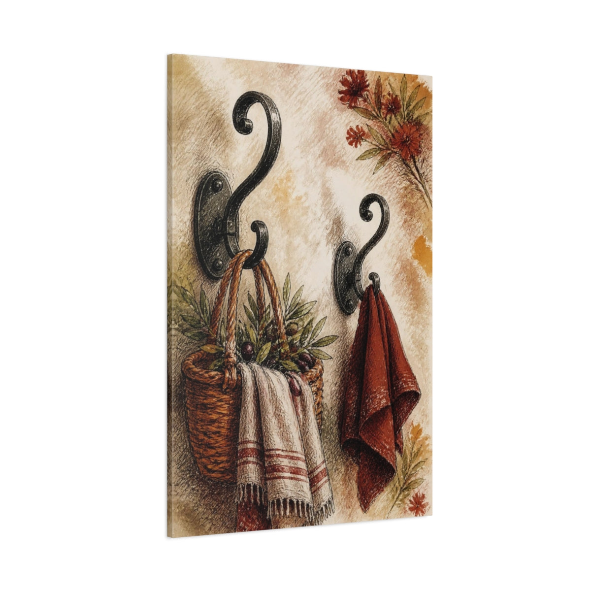 Side Mockup 1. Wrought Iron Hooks And Basket shown as canvas print
