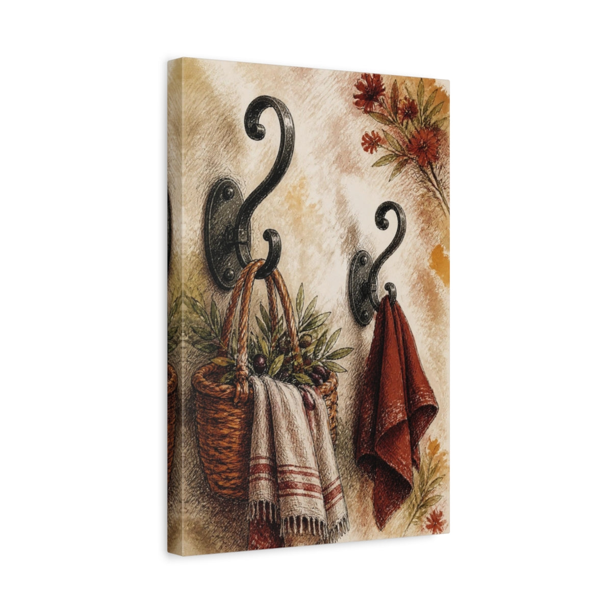 Side Mockup 4. Wrought Iron Hooks And Basket shown as canvas print