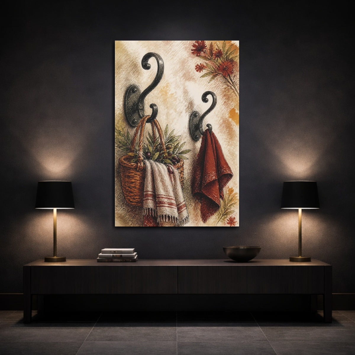 Mockup 3. Wrought Iron Hooks And Basket shown as canvas print