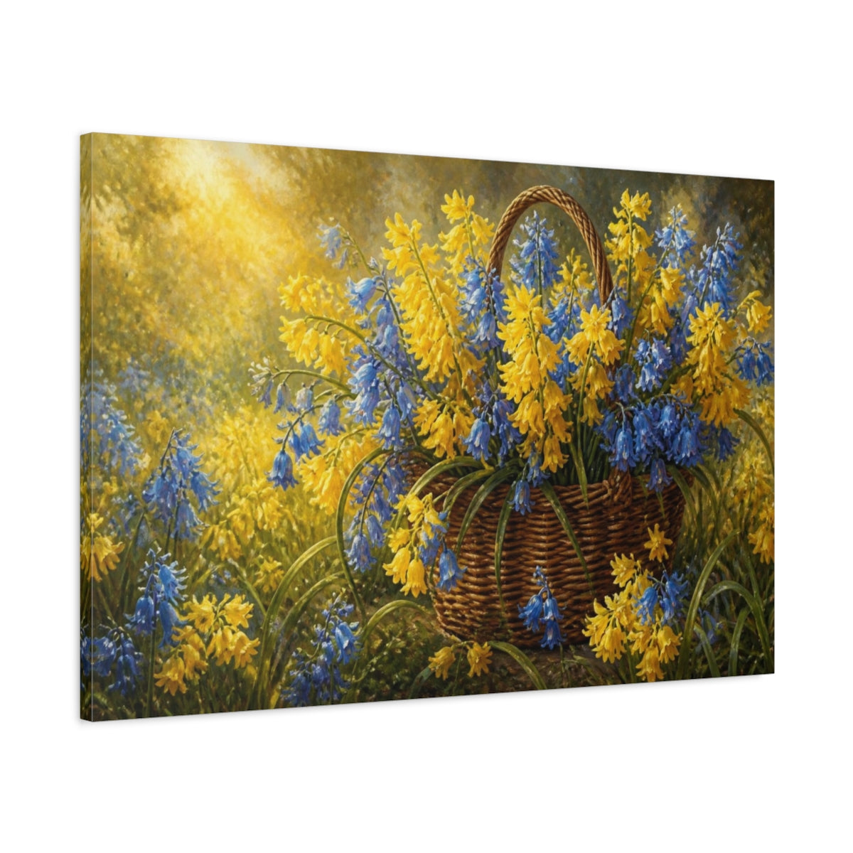 Main Mockup. Yellow Bluebells In Basket shown as canvas print