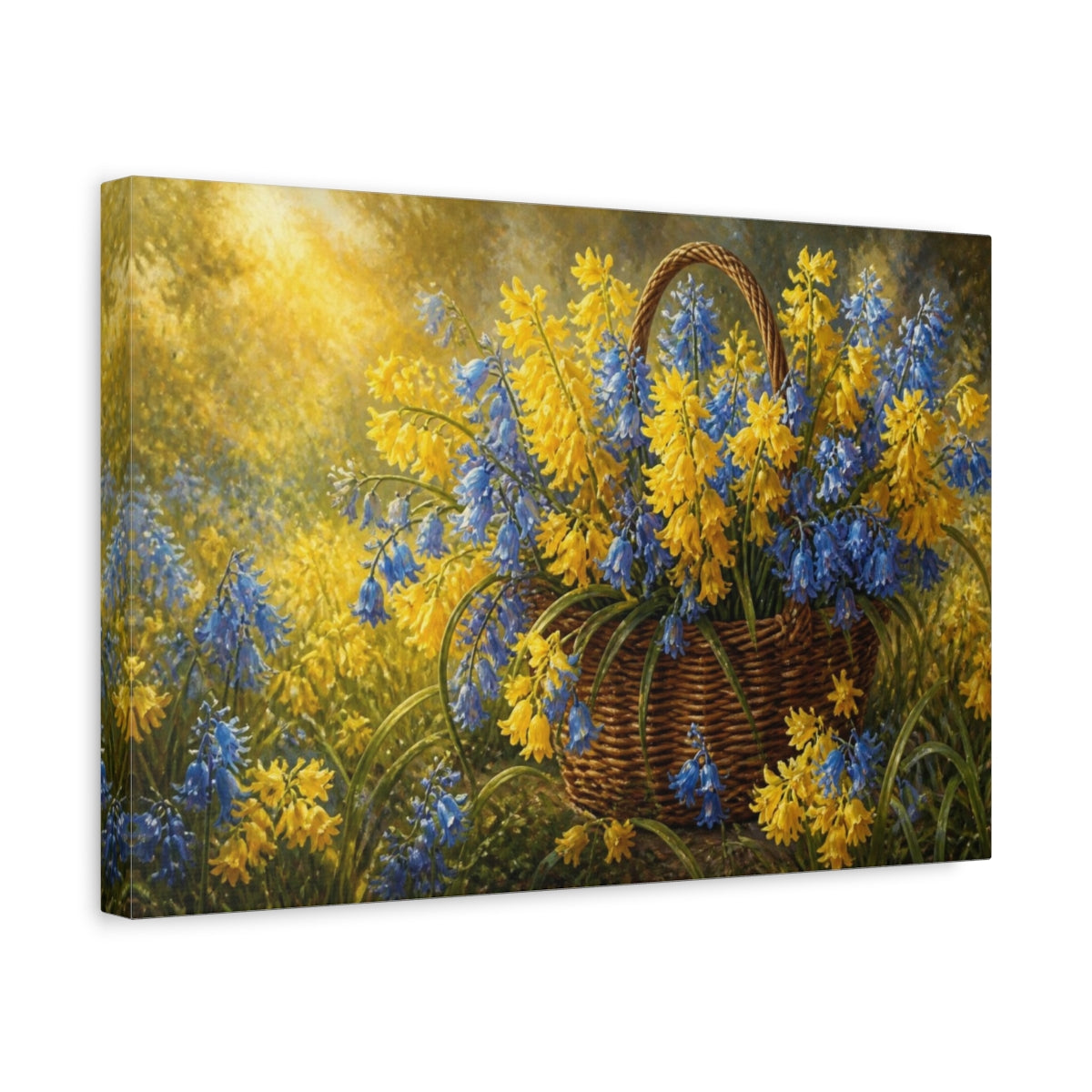 Side Mockup 4. Yellow Bluebells In Basket shown as canvas print