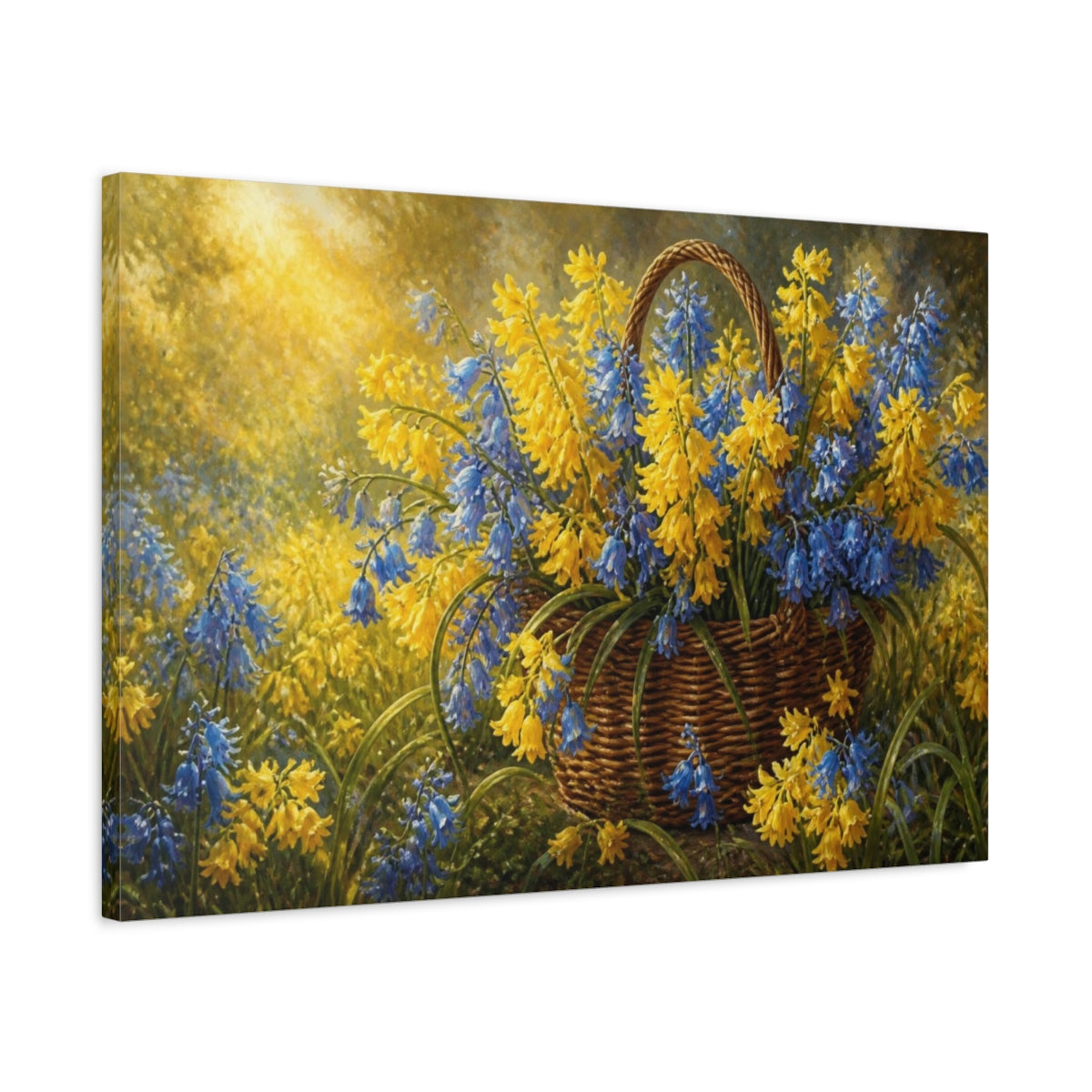 Side Mockup 2. Yellow Bluebells In Basket shown as canvas print
