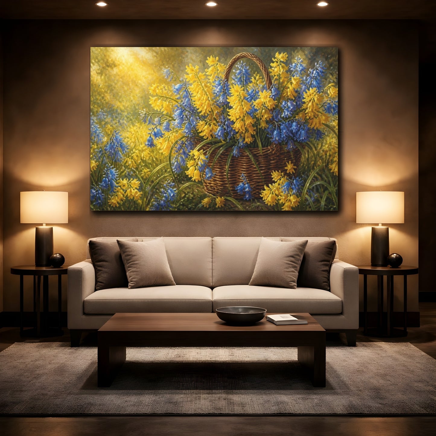 Mockup 2. Yellow Bluebells In Basket shown as canvas print