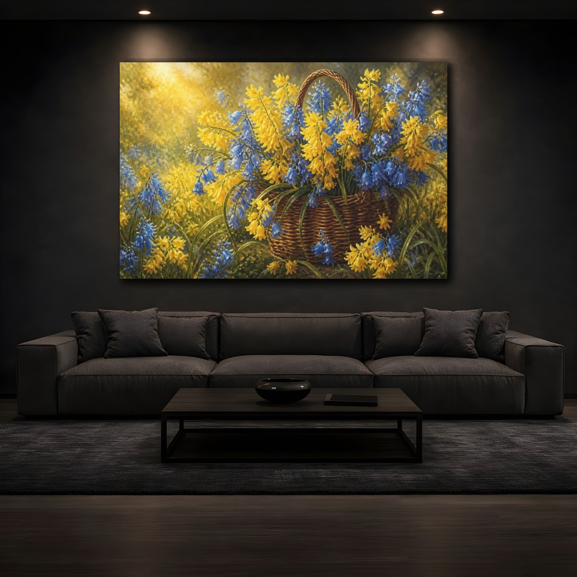 Mockup 3. Yellow Bluebells In Basket shown as canvas print
