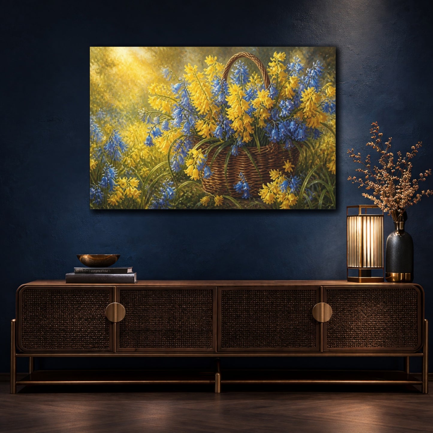 Mockup 4. Yellow Bluebells In Basket shown as canvas print