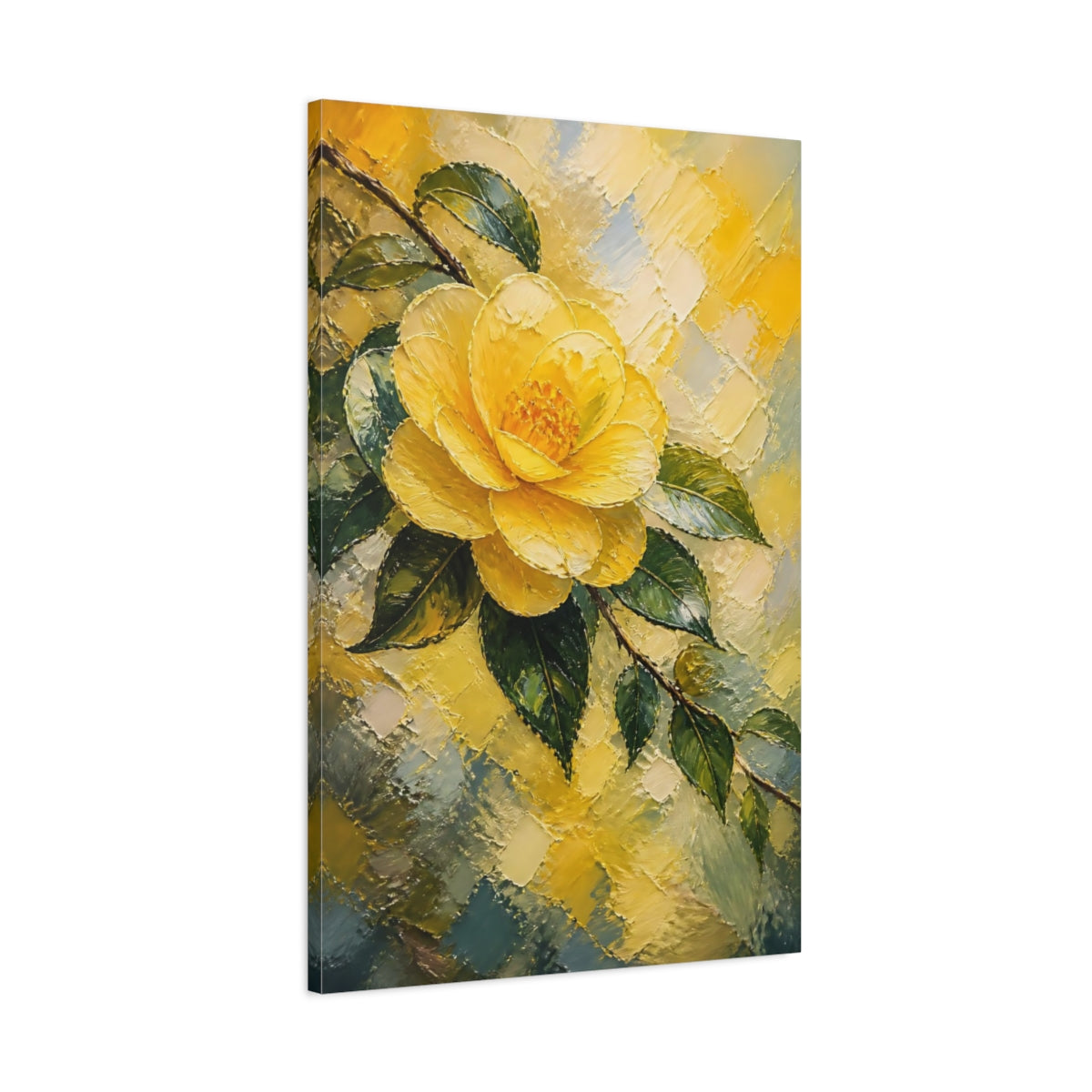 Main Mockup. Yellow Camellia Flower shown as canvas print