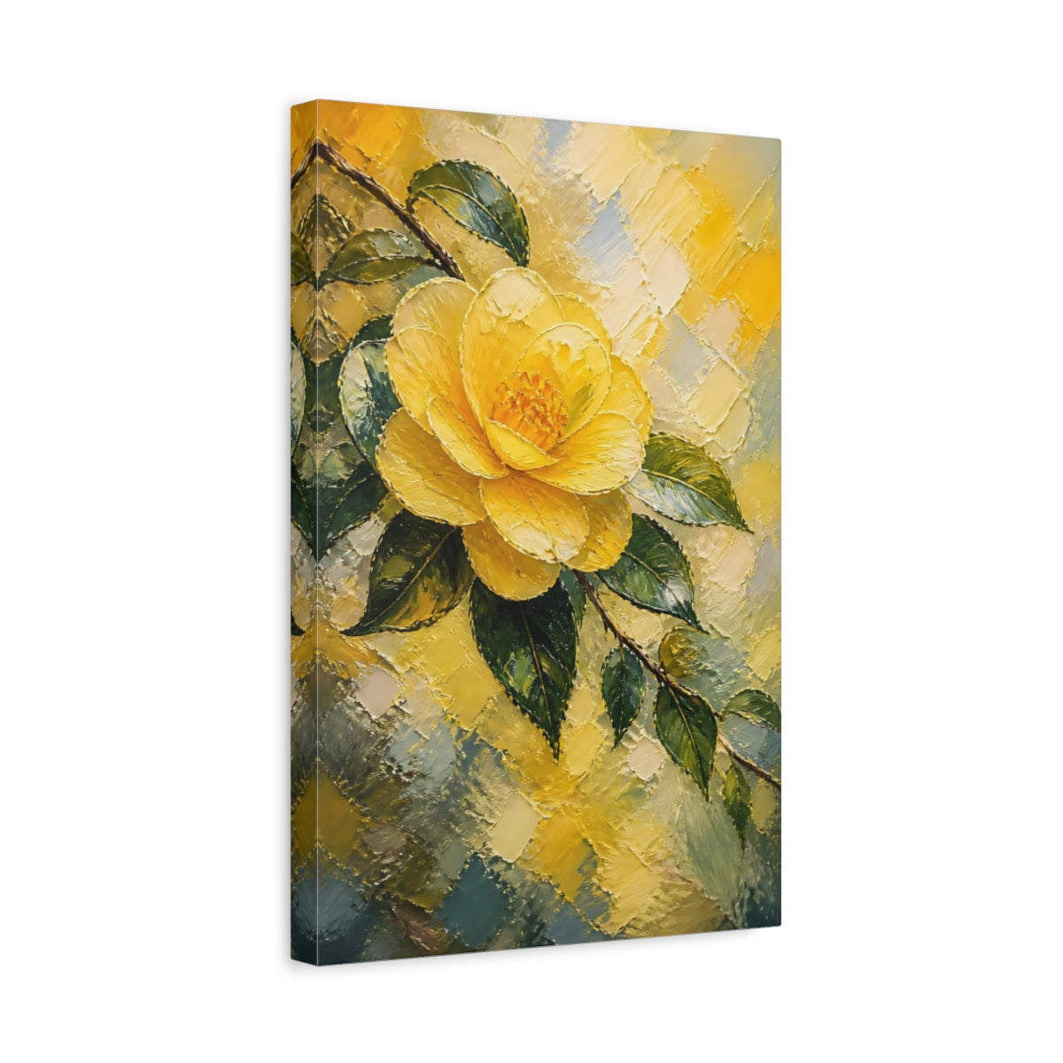 Side Mockup 4. Yellow Camellia Flower shown as canvas print