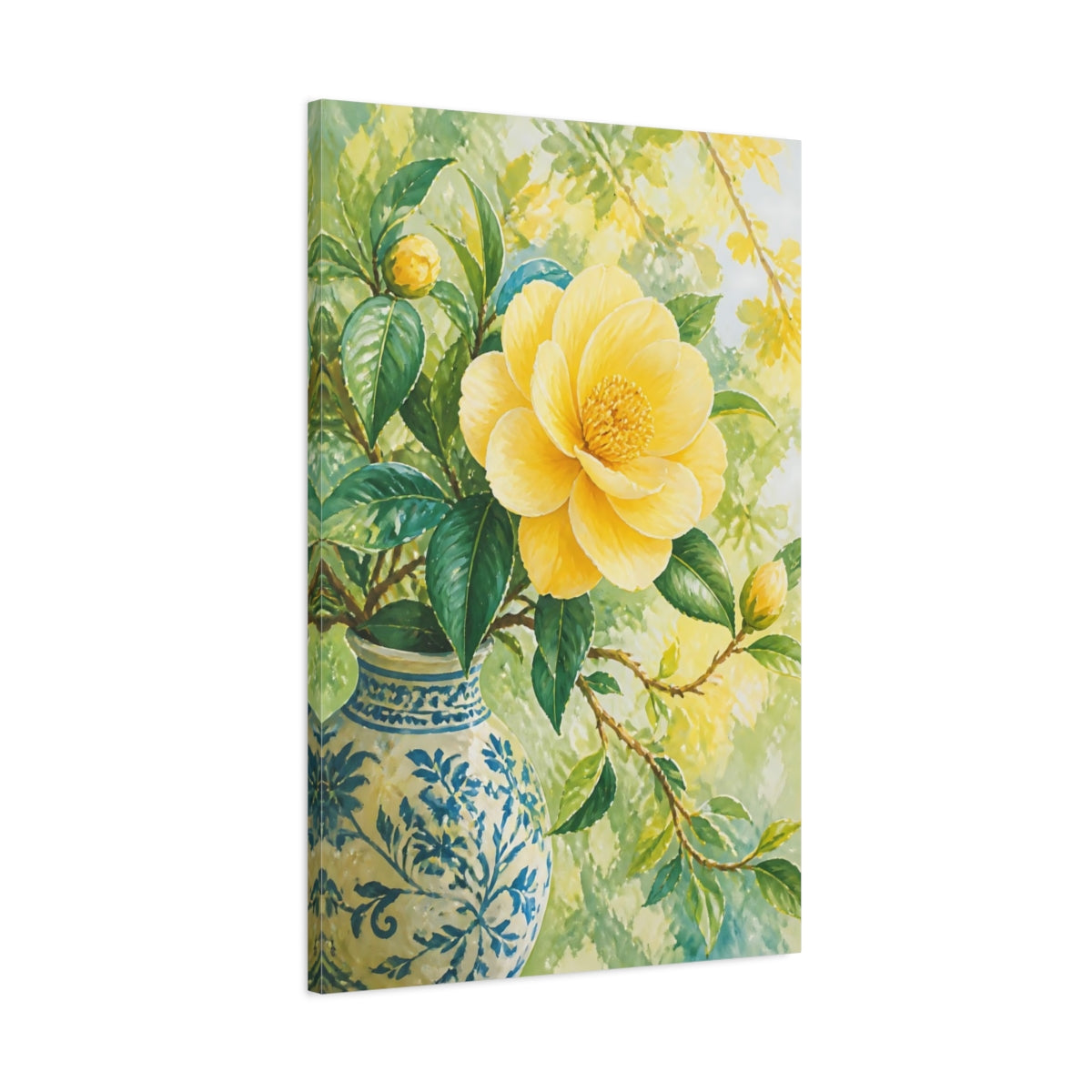 Main Mockup. Yellow Camellia Flower In Vase shown as canvas print