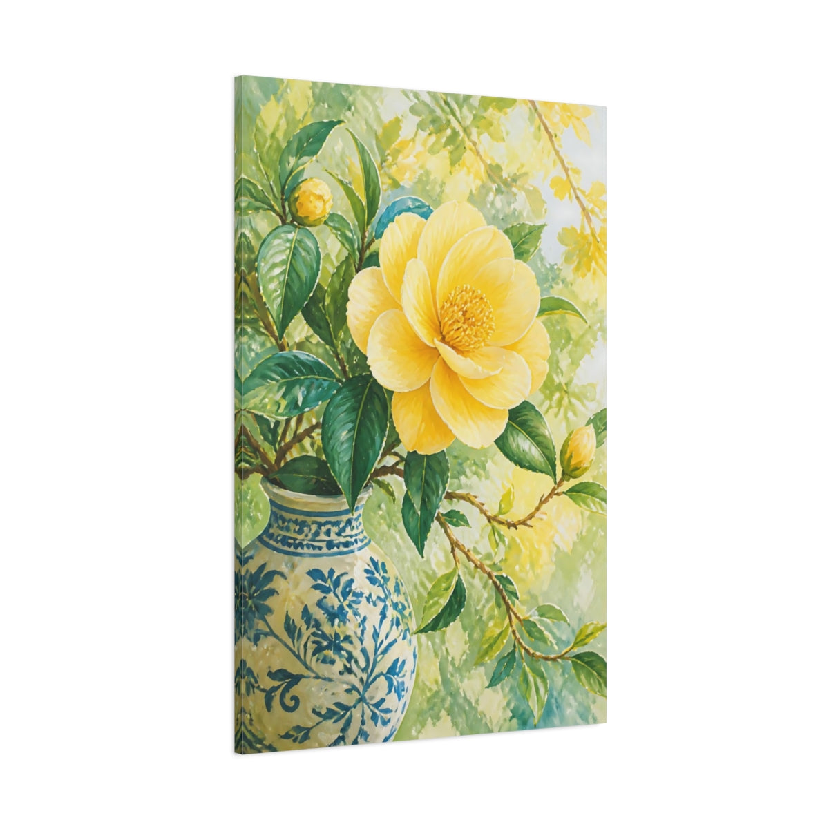 Side Mockup 1. Yellow Camellia Flower In Vase shown as canvas print