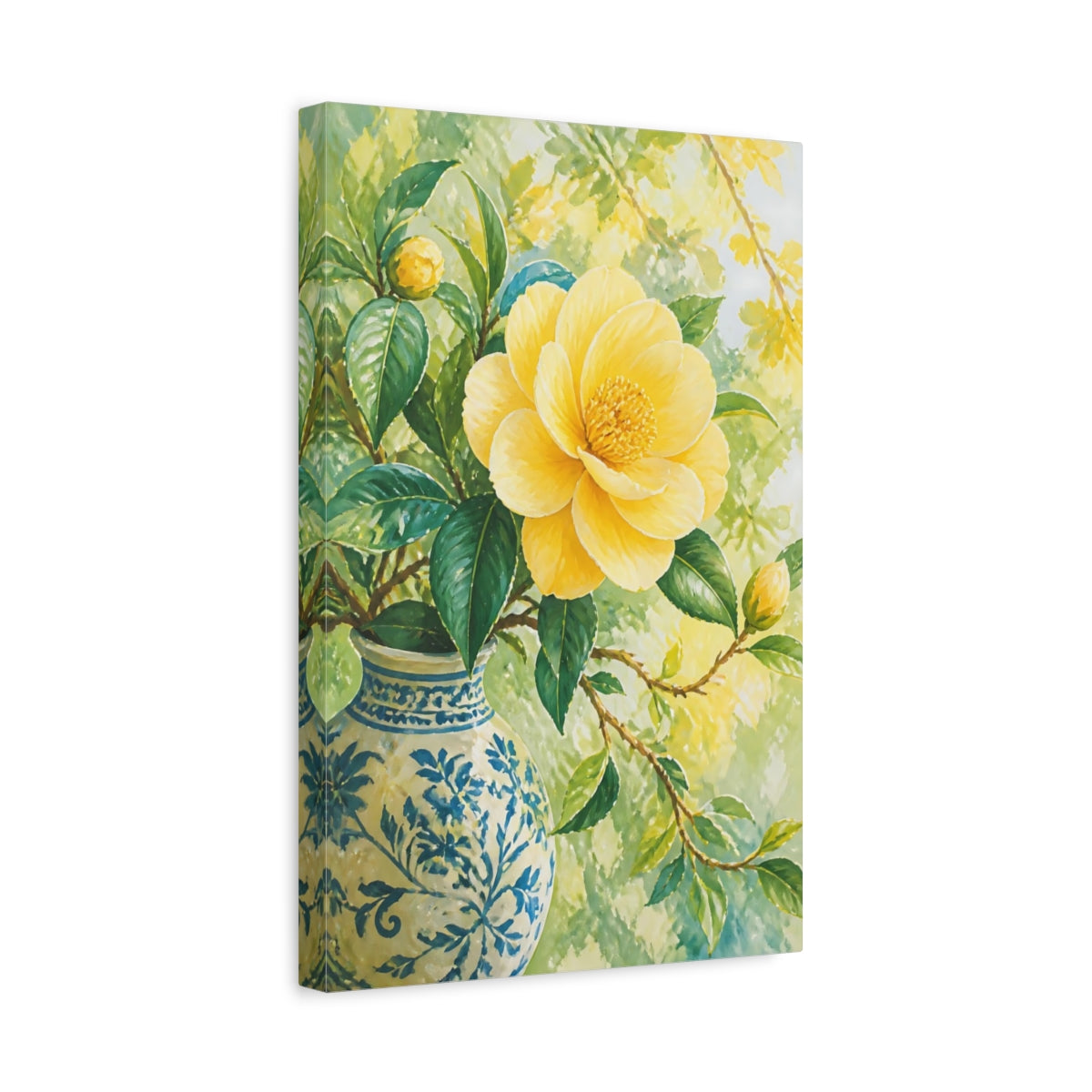 Side Mockup 4. Yellow Camellia Flower In Vase shown as canvas print