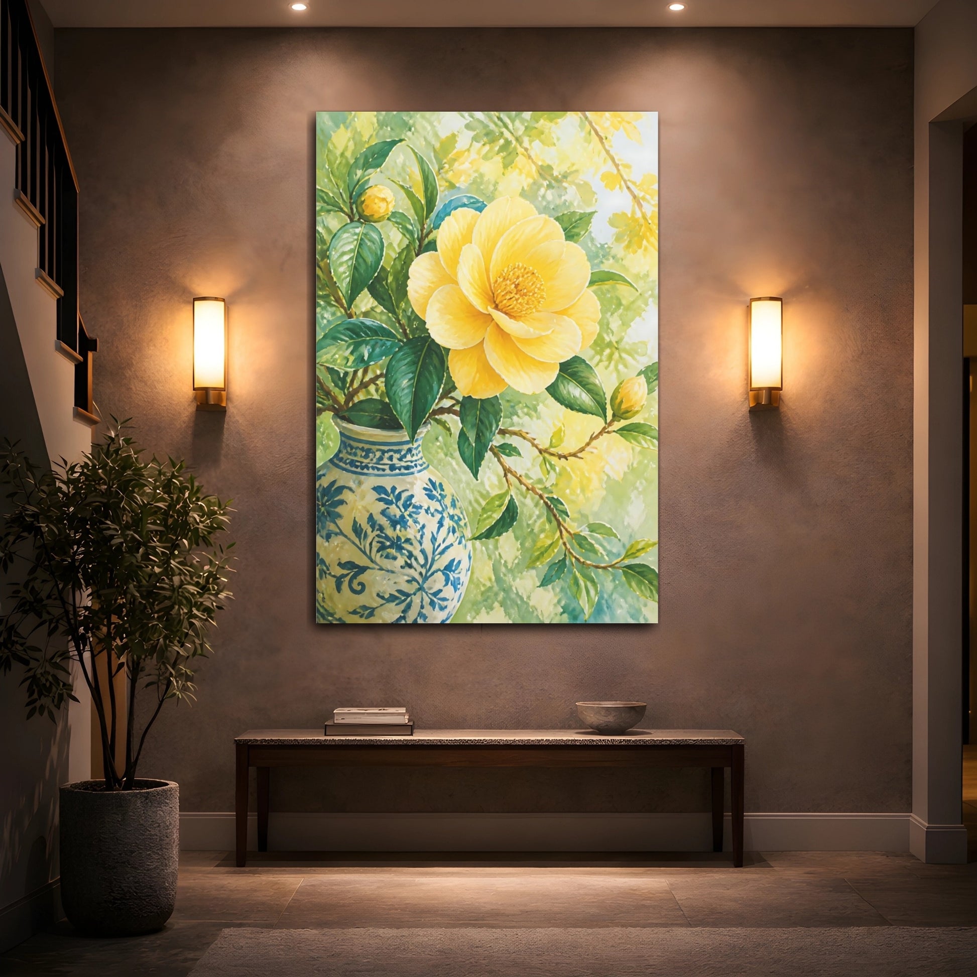 Mockup 2. Yellow Camellia Flower In Vase shown as canvas print