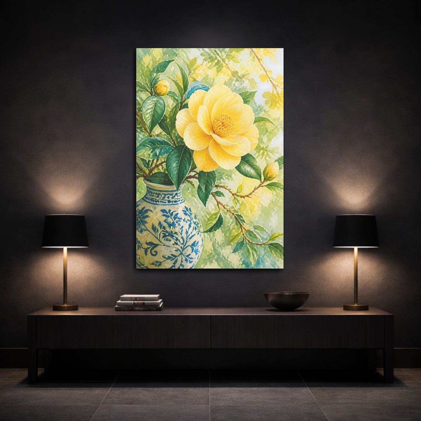 Mockup 3. Yellow Camellia Flower In Vase shown as canvas print