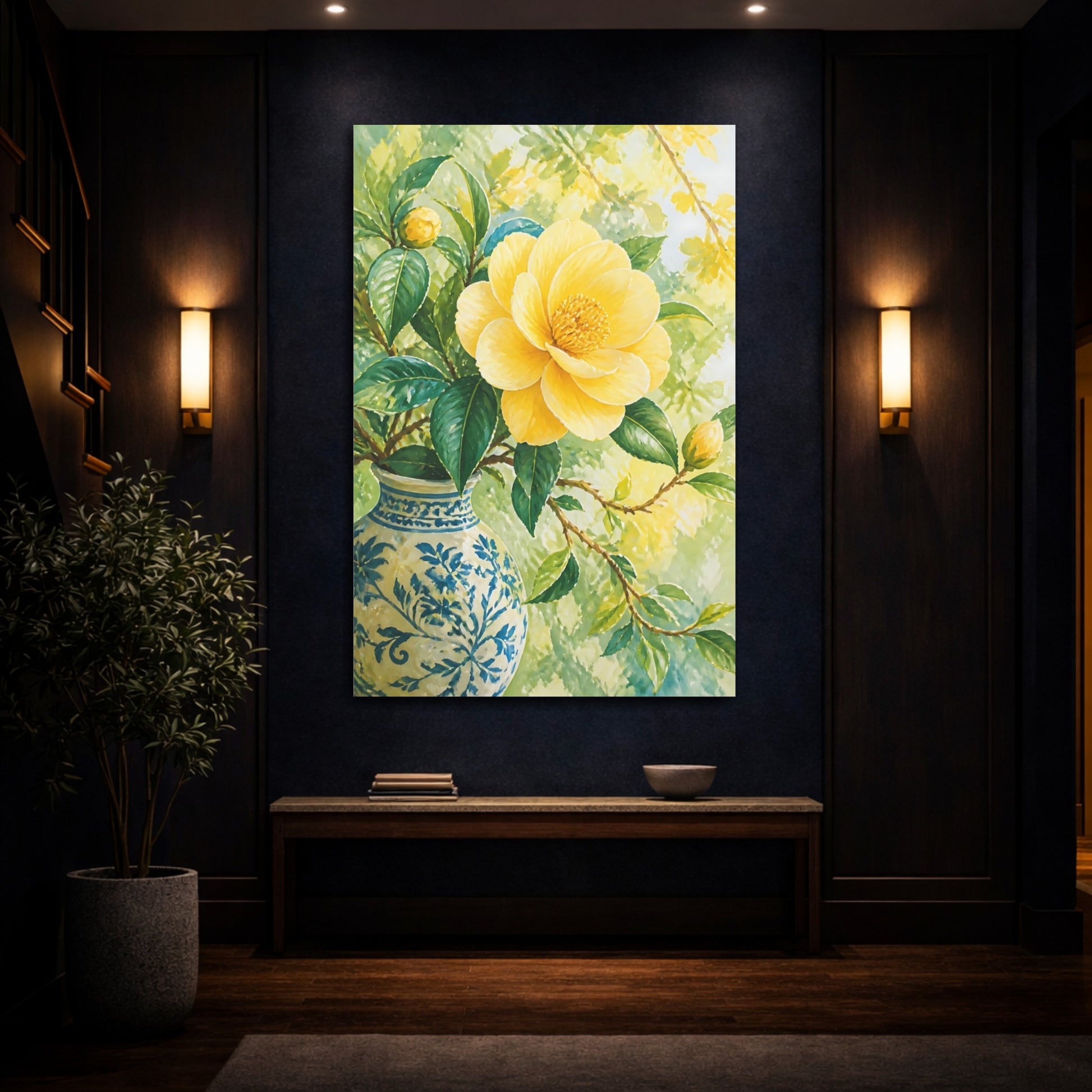 Mockup 4. Yellow Camellia Flower In Vase shown as canvas print