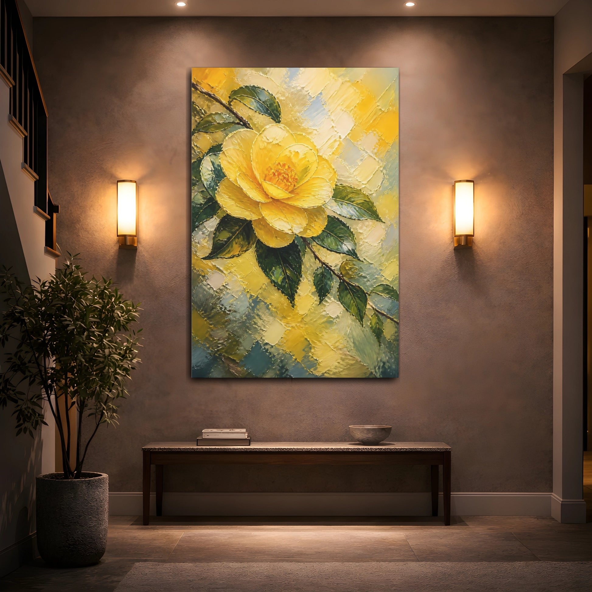 Mockup 2. Yellow Camellia Flower shown as canvas print