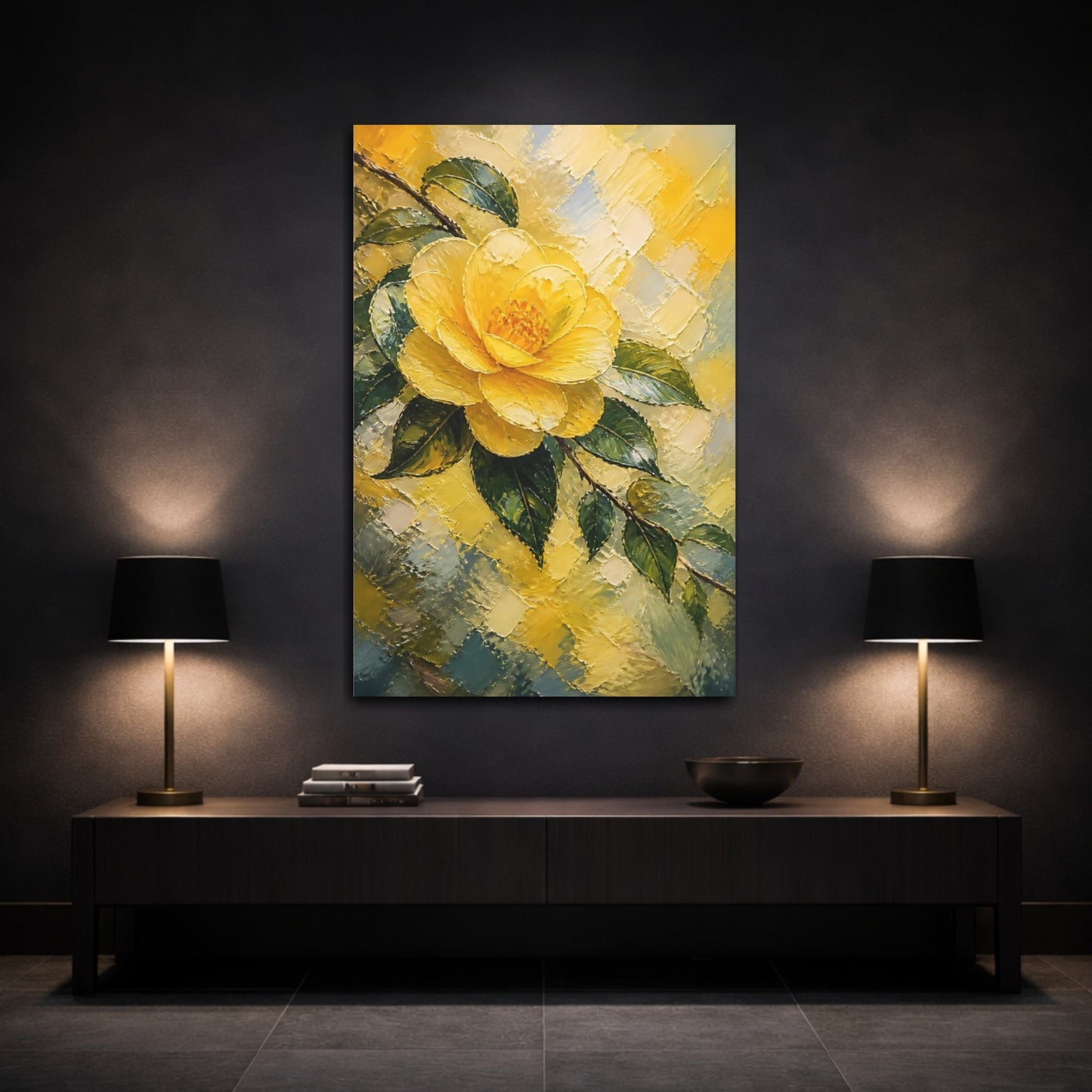 Mockup 3. Yellow Camellia Flower shown as canvas print
