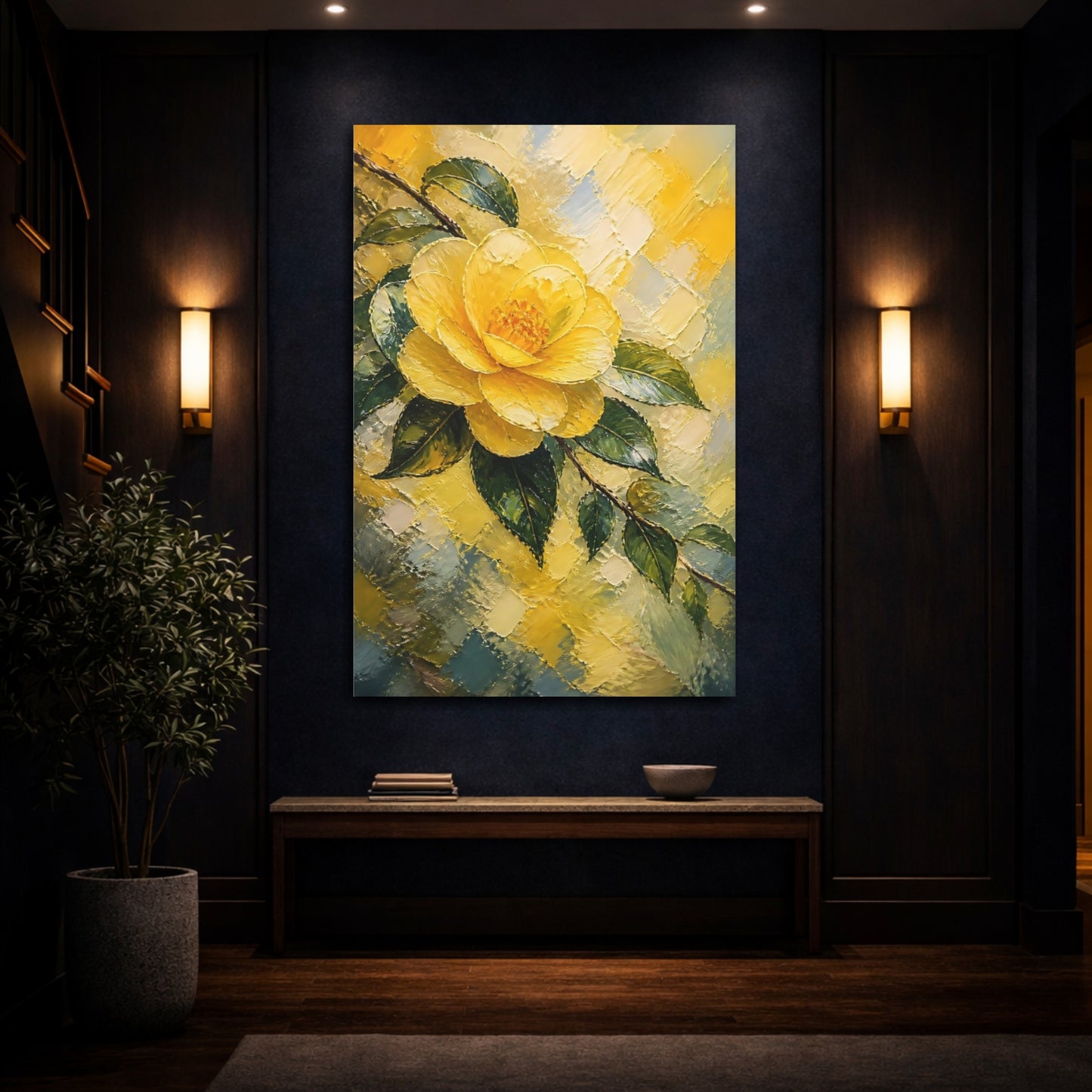 Mockup 4. Yellow Camellia Flower shown as canvas print