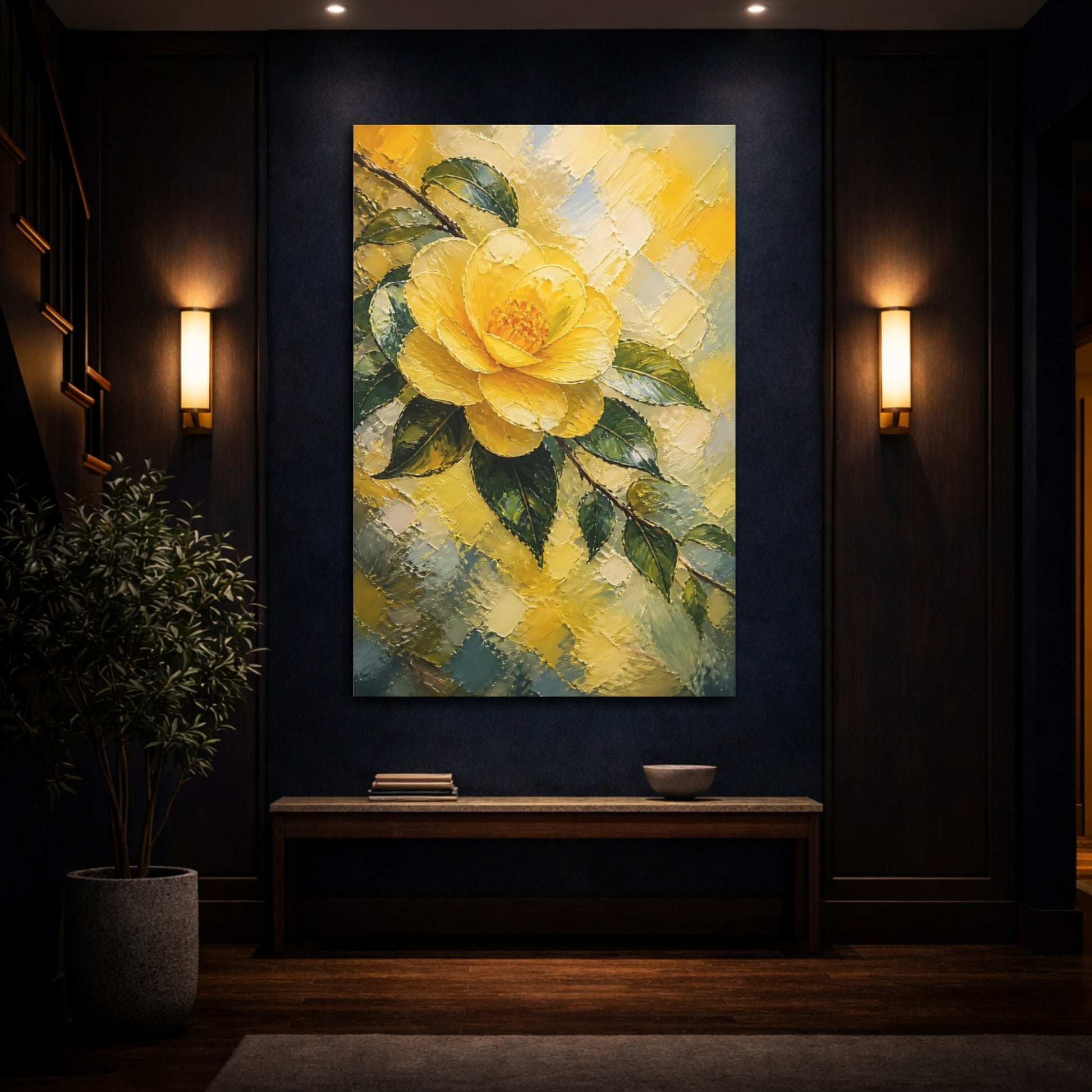 Mockup 4. Yellow Camellia Flower shown as canvas print