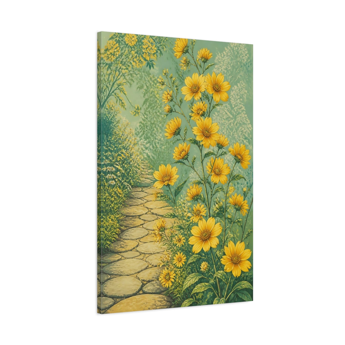 Main Mockup. Yellow Garden Flowers Path shown as canvas print