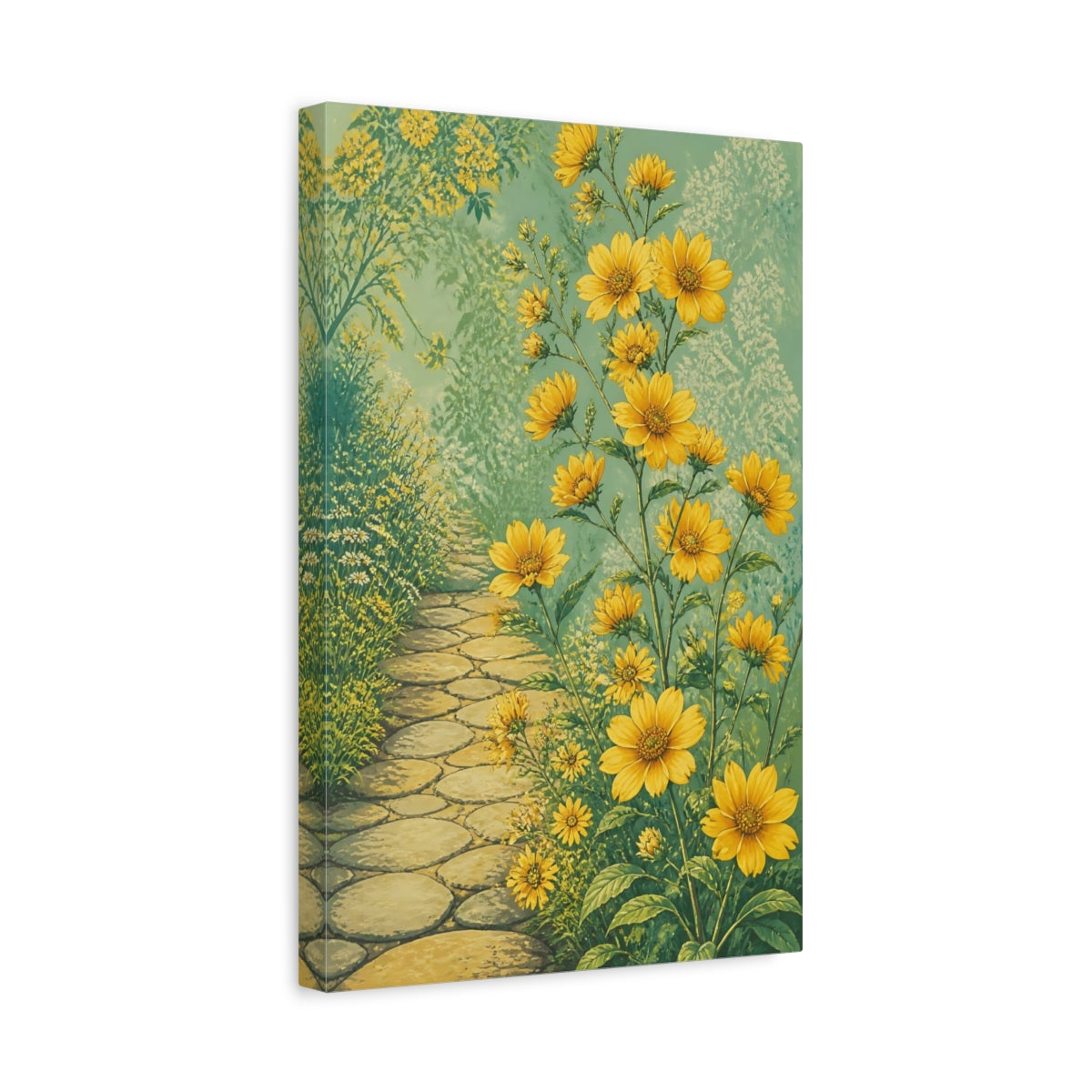 Side Mockup 4. Yellow Garden Flowers Path shown as canvas print