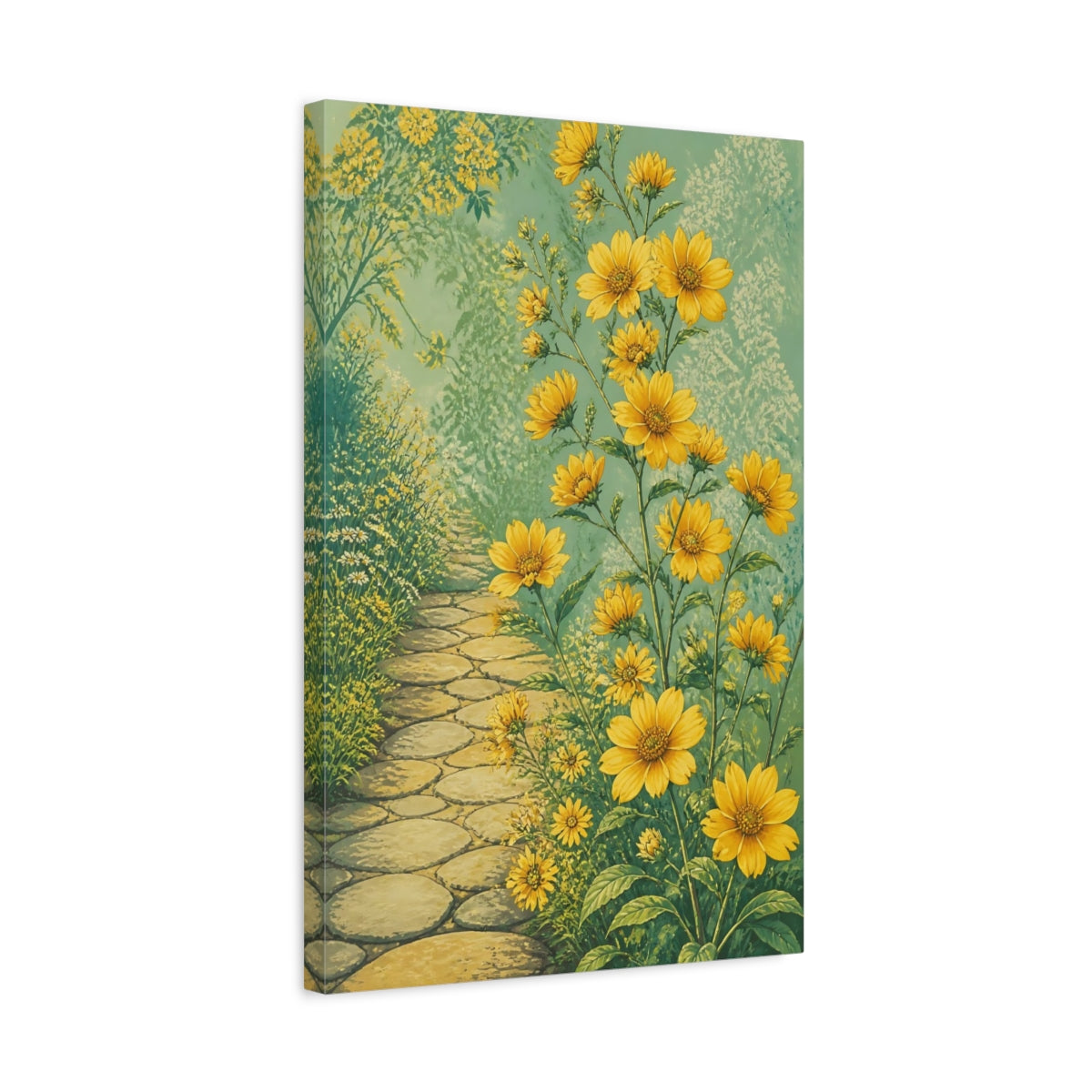 Side Mockup 3. Yellow Garden Flowers Path shown as canvas print