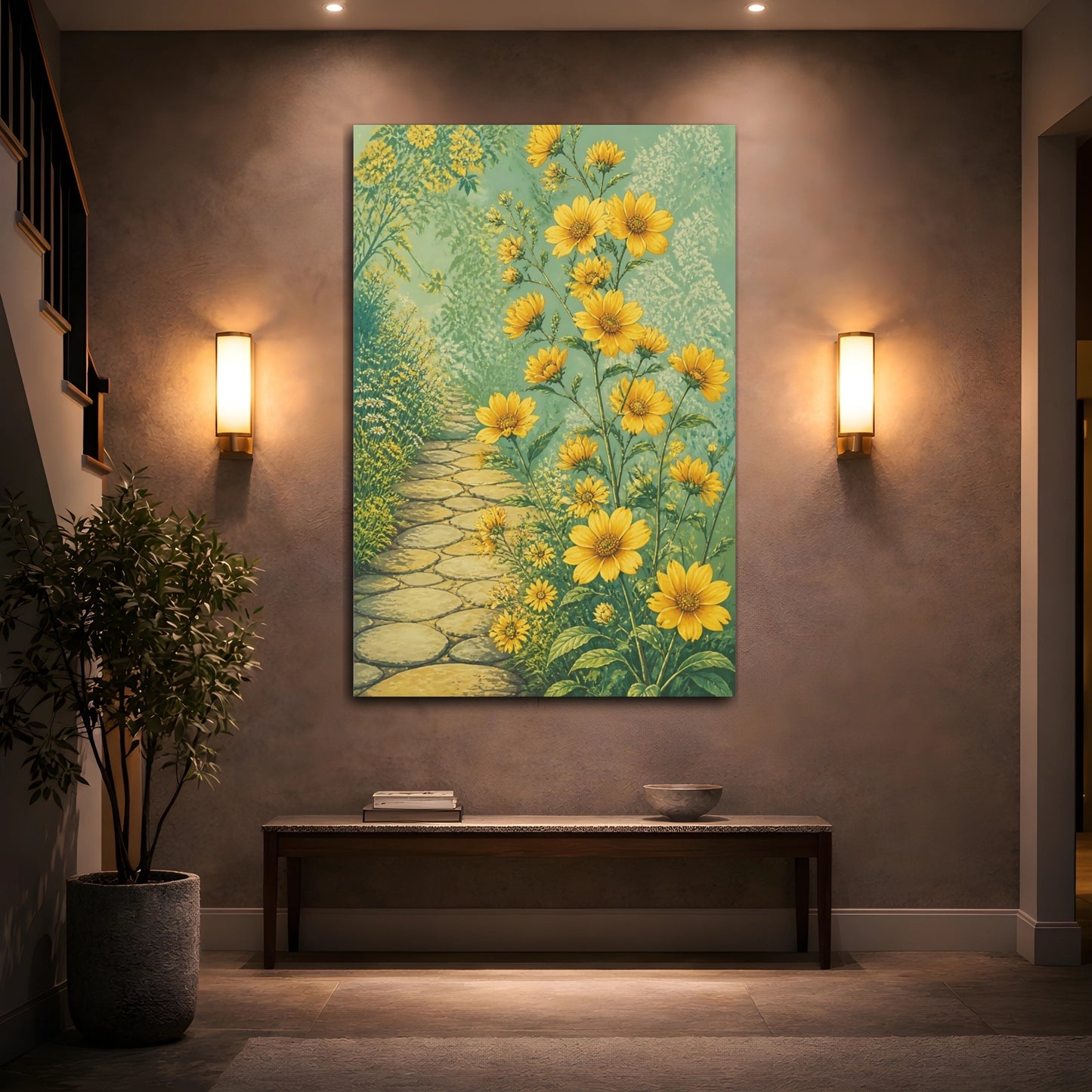 Mockup 2. Yellow Garden Flowers Path shown as canvas print