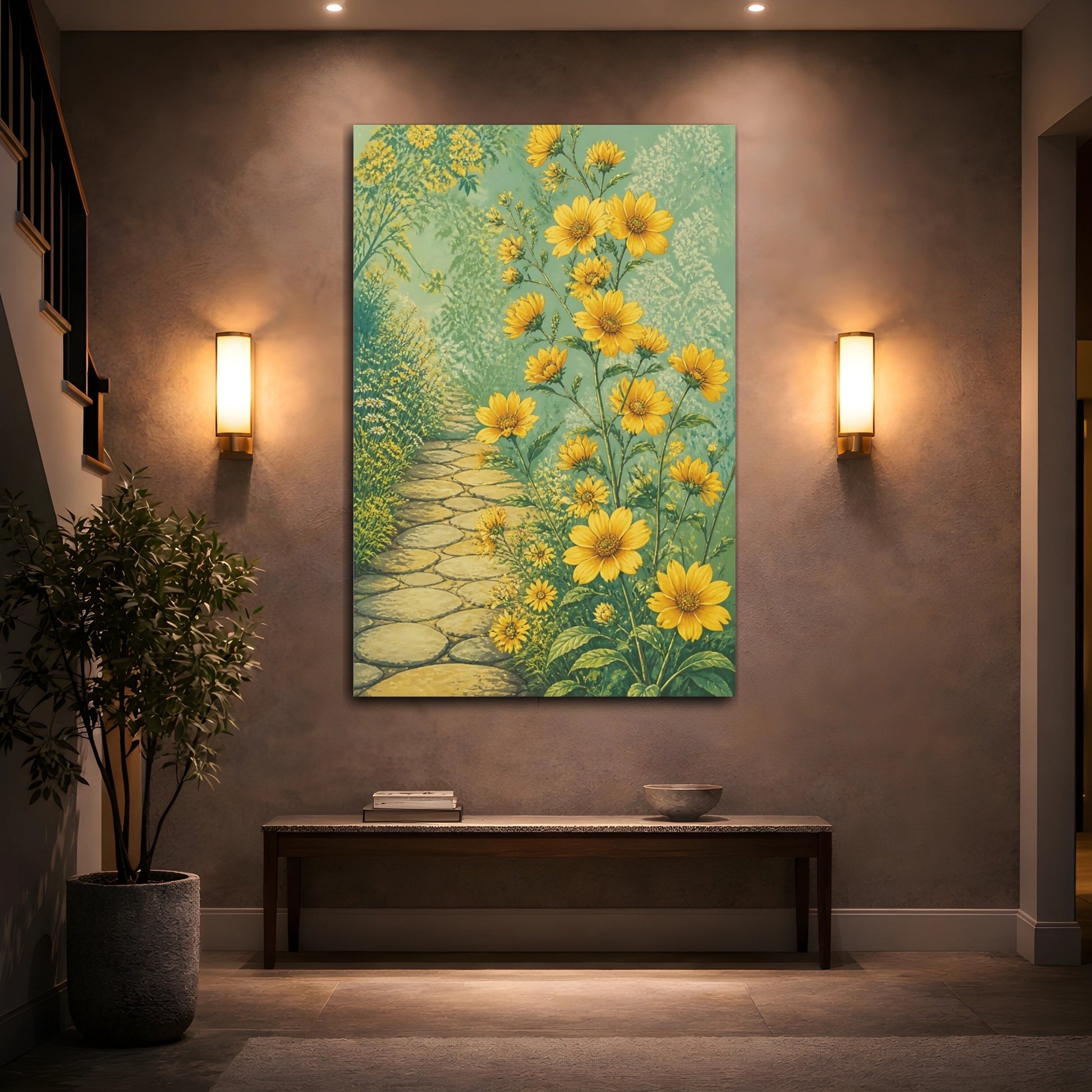 Mockup 2. Yellow Garden Flowers Path shown as canvas print