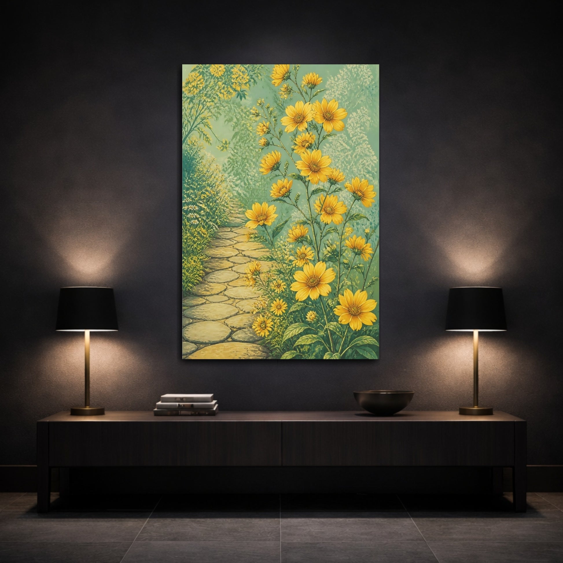 Mockup 3. Yellow Garden Flowers Path shown as canvas print
