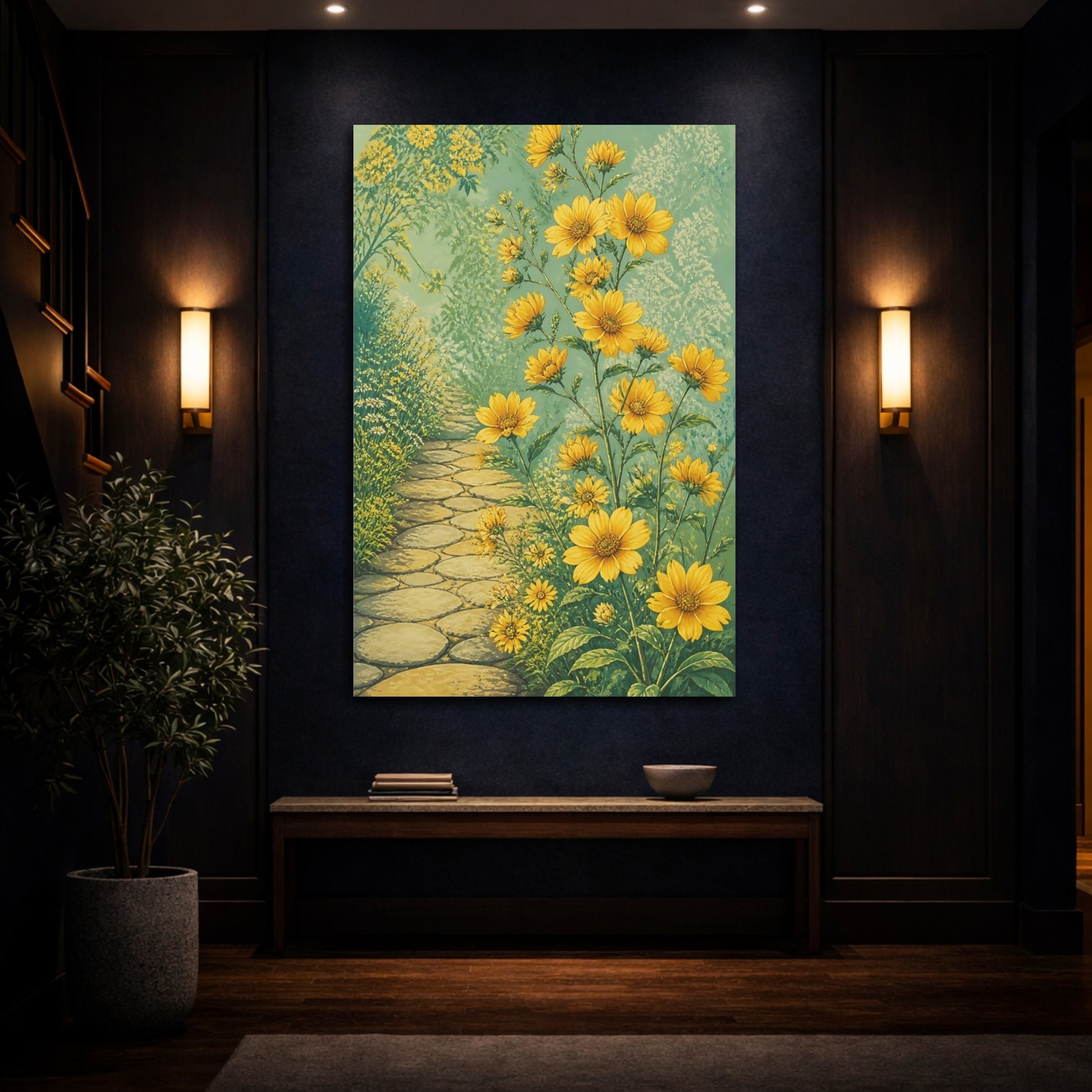 Mockup 4. Yellow Garden Flowers Path shown as canvas print